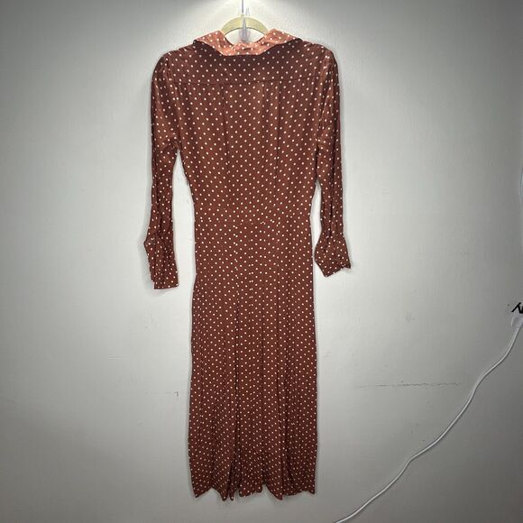 Topshop Brown Cream Polka-Dot 3/4 Sleeve Front Button Pleated Slit Maxi Dress 2 - Picture 7 of 14